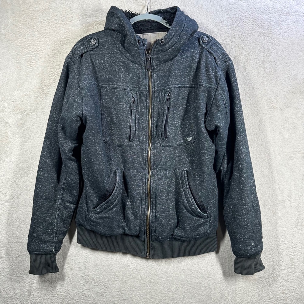 Fox Racing Sherpa Lined Hoodie Mens L Black Grunge Distressed Heavy Jacket
